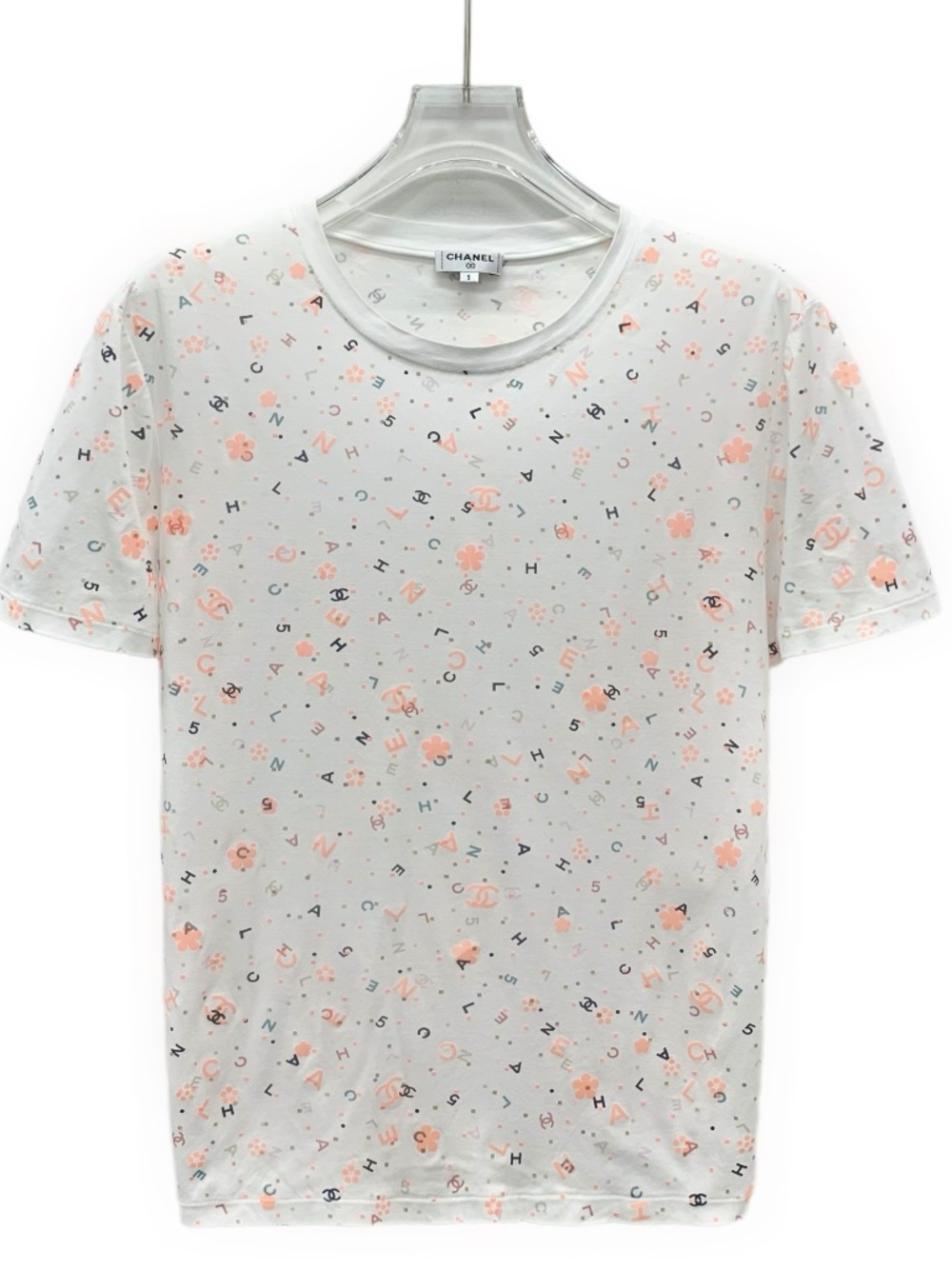 Chanel White Logo All-Over Print Cotton Crew-Neck Short-Sleeve T-Shirt